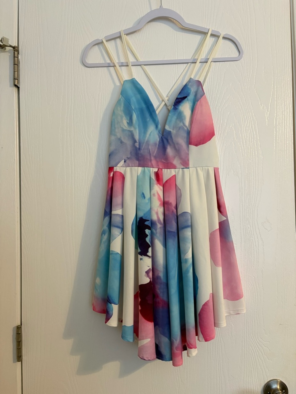 L'ATISTE Pink & Blue Watercolor Fit-and-Flare Mini Dress